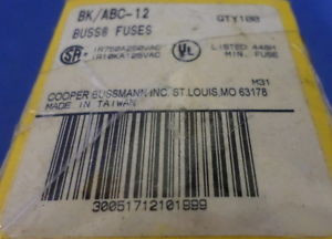 BUSSMANN BK/ABC-12, 12 AMP, 250V FUSES, New-SEALED
