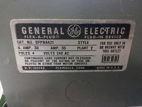 G.E. DFPBA421 FLEX-A-PLUG 30 AMP 4 POLE PLUG IN DEVICE FUSIBLE NEW NO BOX #B27