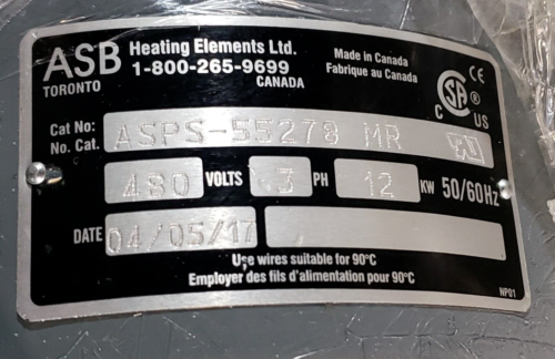 Asps- 55278 Screw Plug Heating Element 480V 3Ph 16Kw Nib
