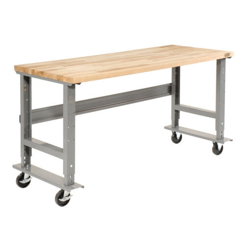 Mobile Adjustable Height C-Channel Leg Workbench Maple Butcher Block Square Edge