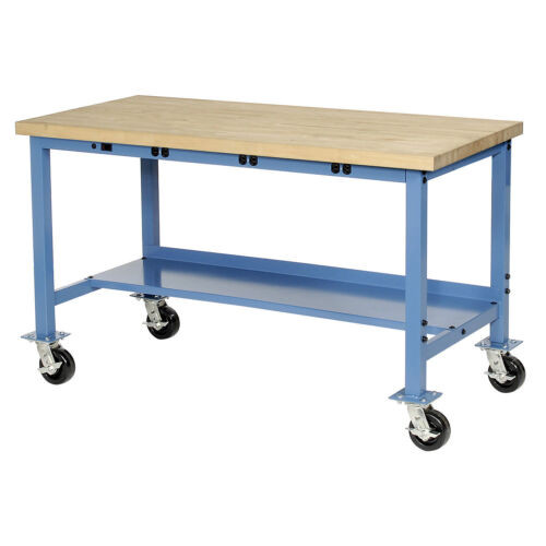 Mobile Workbench With Power Apron Maple Block Square Edge 72"W X 30"D Blue