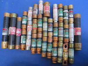 Pack of 32 Various Industrial Fuses, AJT10, FRN-R40, FRS-R-60, JHC-10, NOS-30
