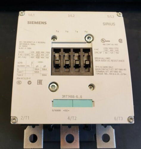 Siemens Sirius 3Rt1466-6Ap36 Contactor - 3 Phase 60 / 125 / 150 Hp - 220 - 240V