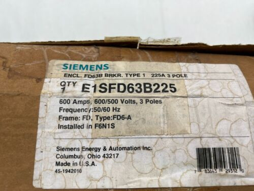 Siemens E1Sfd63B225 Nib 3P 225A 600V Breaker Nema 1 See Pics #E7