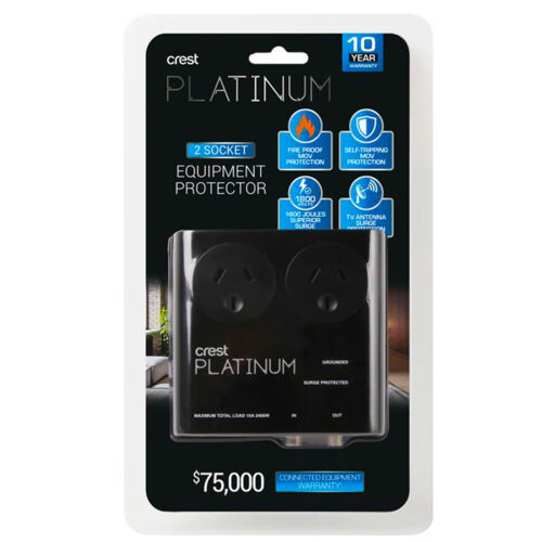 Crest Platinum Surge Protector Power Board 2 Socket Tv Antenna Grounded Leds