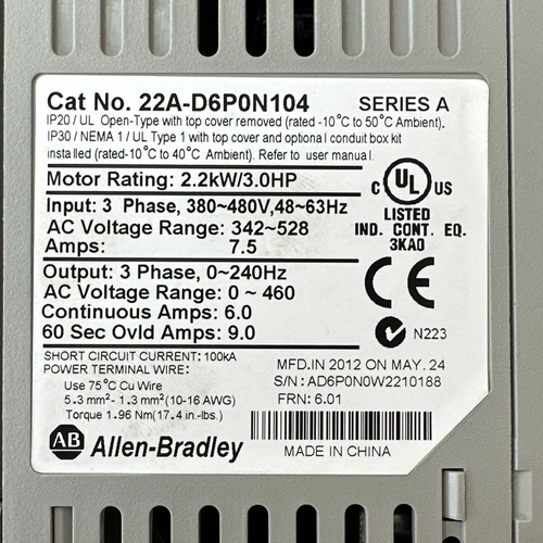 Allen-Bradley 22A-D6P0N104 Powerflex4 2.2Kw/3.0 Hp Inverter W/ Emc Line Filter