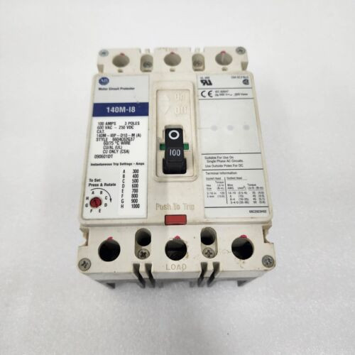 Allen Bradley 140M-I8P-D10-M 3-Pole Circuit Breaker 100A 600Vav 250Vdc 140M-I8-