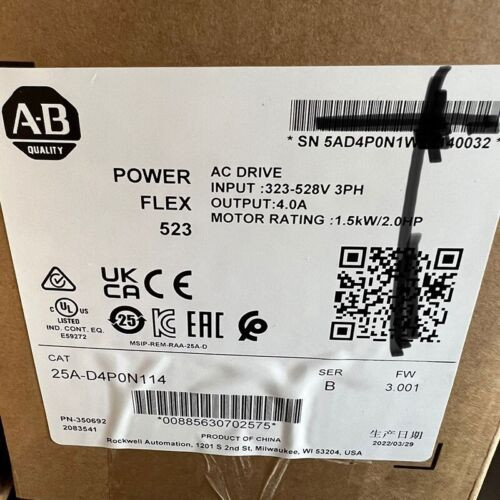 100% New Allen-Bradley 25A-D4P0N114 Powerflex 523 1.5Kw (2Hp) Ac Drive 100% New Allen-Bradley 25A-D4P0N114 Powerflex 523 1.5Kw (2Hp) Ac Drive