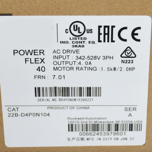 Allen-Bradley 22B-D4P0N104 / Ab 22B-D4Pon104 Powerflex 40 Ac Drive 2Hp 480Vac