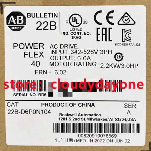 New Sealed Allen Bradley 22B-D6P0N104 /A New Powerflex 40 2.2Kw 3.0Hp Ac Drive