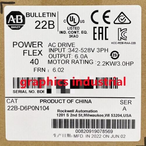 New Allen-Bradley 22B-D6P0N104 Ser A New Powerflex 40 2.2Kw 3.0Hp Ac Drive