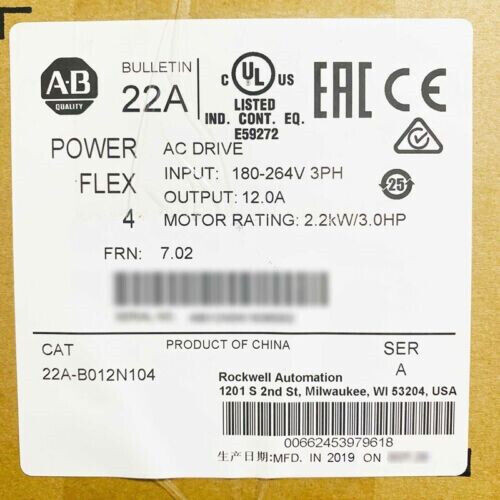 Allen-Bradley 22A-B012N104 Powerflex 4 2.2 Kw 3 Hp Ac Drive Ab 22Ab012N104