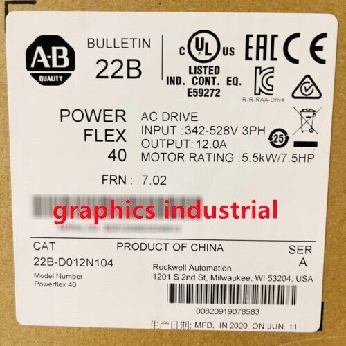 New Allen Bradley 22B-D012N104 Ser A Powerflex 40 Ac Drive 7.5 Hp 22B-D012N104