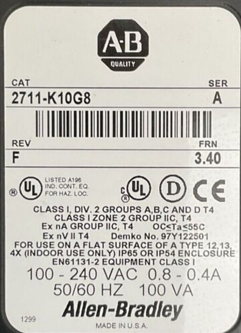 Allen Bradley 2711-K10G8 Panelview 1000 Ser A Rev F Frn 3.40 100-240Vac 0.8-0.4A