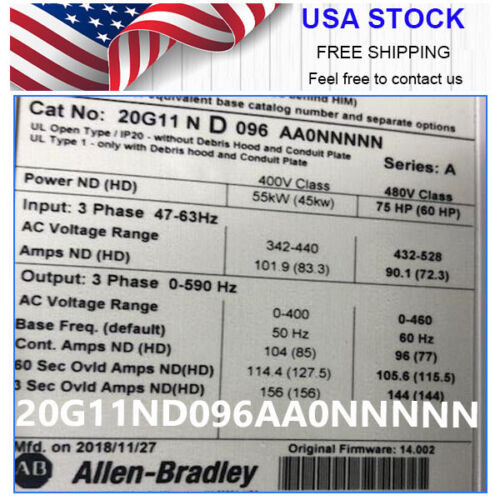 New Allen Bradley 20G11Nd096Aa0Nnnnn Powerflex Air Cooled 755 Ac Drive