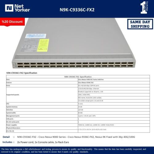 Cisco N9K-C9336C-Fx2 Managed Switch 36X 100Gb - Same Day Shipping
