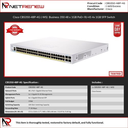 Cisco Business Cbs350-48P-4G 48-Port Gigabit Poe+Managed Network Switch (370W)