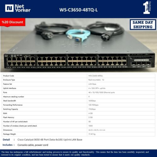 Cisco Ws-C3650-48Tq-L 48-Port Gigabit Ethernet W/ 4X 10G Sfp+ -Same Day Shipping