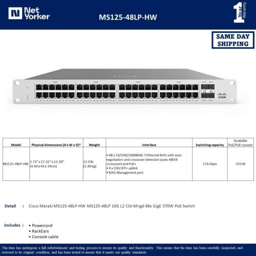 Cisco Meraki Ms125-48Lp-Hw  10G L2 Cld-Mngd 48X Gige 370W Poe Switch-Same Day S.