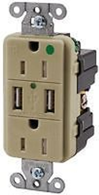 HUBBELL WIRING DEVICES USB8200I USB CHARGER RECEPTACLE, 15A, 125VAC, IVORY