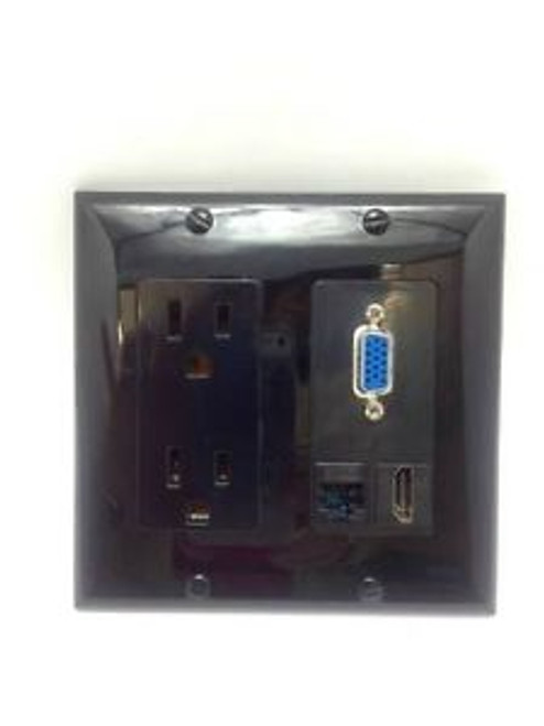 CERTICABLE CUSTOM BLACK WALL PLATE 2- 110V POWER OUTLETS 1- VGA 1- HDMI 1- CAT5