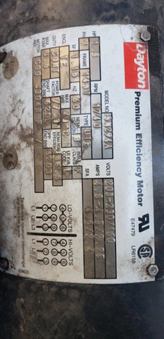 Dayton 5N294A, Premium Efficiency Motor, 1.5 HP, 1740 RPM, 208-230/460 V,