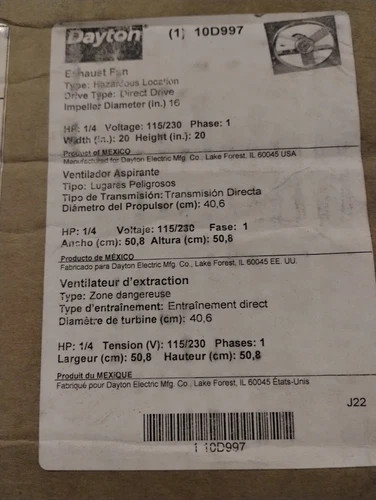 DAYTON 10D997 Pnl ExhstFn,16In Bl,Alum,115/208-230V