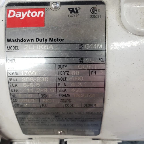 Dayton 2LHK8 Washdown Close Coupled Pump Motor 3HP 3Ph1760 RPM 208-230/460V182JM