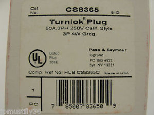 New Pass & Seymour Turnlok Plug, CS8365, HUBCS8365C, 50A, 3PH, 250V, 3P, 4W Grdg