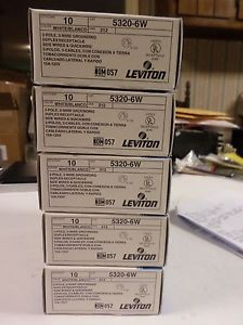 (5) BOXES OF (10) LEVITON 5320-6W 5320W WHITE DUPLEX RECEPTACLE 2 POLE