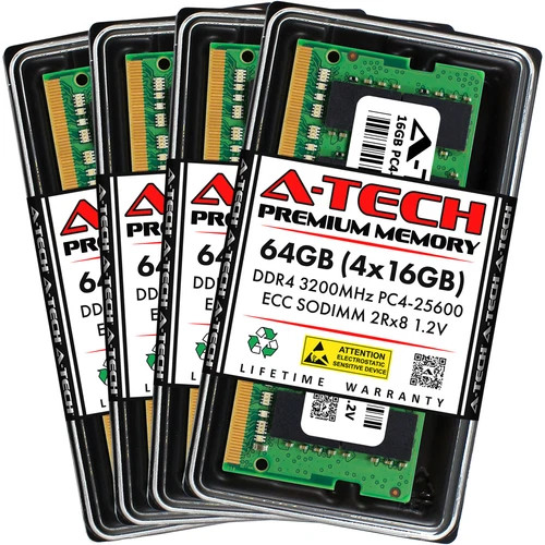 A-Tech 64GB 4x 16GB 2Rx8 PC4-25600 DDR4 3200 MHz ECC SODIMM NAS Memory RAM Kit