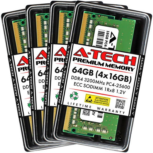 A-Tech 64GB 4x 16GB 1Rx8 PC4-25600 DDR4 3200 MHz ECC SODIMM NAS Memory RAM Kit