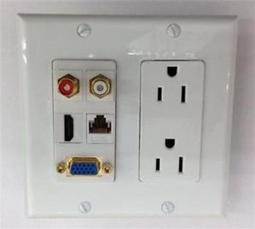 CUSTOM  DOUBLE GANG WALL PLATE - DOUBLE 110V + HDMI + RCA STEREO  + CAT6 + VGA