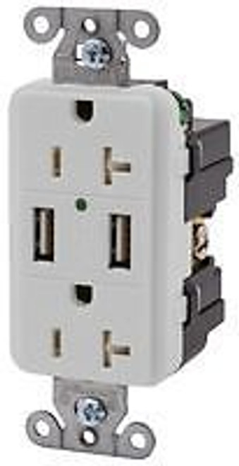 HUBBELL WIRING DEVICES USB20X2GY USB CHARGER RECEPTACLE, 20A, 125VAC, GREY