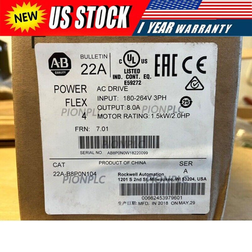 New Allen-Bradley 22A-B8P0N104 PowerFlex 4 1.5 kW 2 Hp AC Drive US Free Tax - Product Image