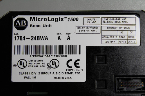 Used ALLEN BRADLEY 1764-24BWA MICROLOGIX 1500 BASE UNIT WPROCESSOR - Product Image
