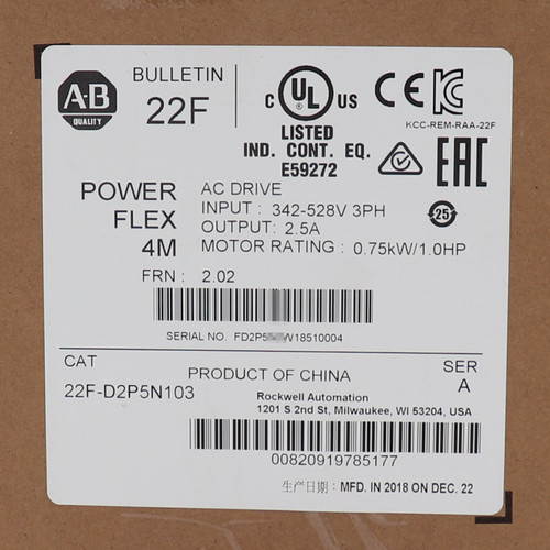 New 1PC NEW Allen-Bradley 22F-D2P5N103 PowerFlex 4 0.75 kW 1Hp AC Drive Fast Ship - Product Image