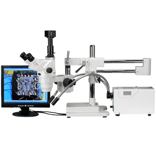 New AmScope 2X-225X Trinocular Zoom Stereo Boom Microscope 5MP Camera Fiber