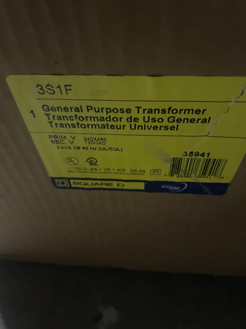 Square D 3s1f Transformer 240/480vac 3kva 1ph Type 3r Enclosure, 35941, New