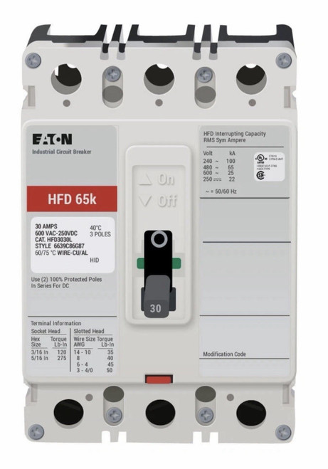 Eaton Hfd3030L 30 Amp Circuit Breaker 3 Pole 600 Vac 250 Vdc 100Ka New