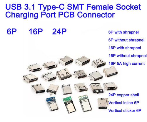 Usb 3.1 Type-c Smt Female Socket Charging Port Pcb Connector 6pin 16pin 24pin