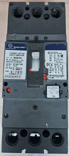 Used GE SFHA36ATO250 CIRCUIT BREAKER 600 VAC 3 POLE 70A Trip SEE PICS - Product Image