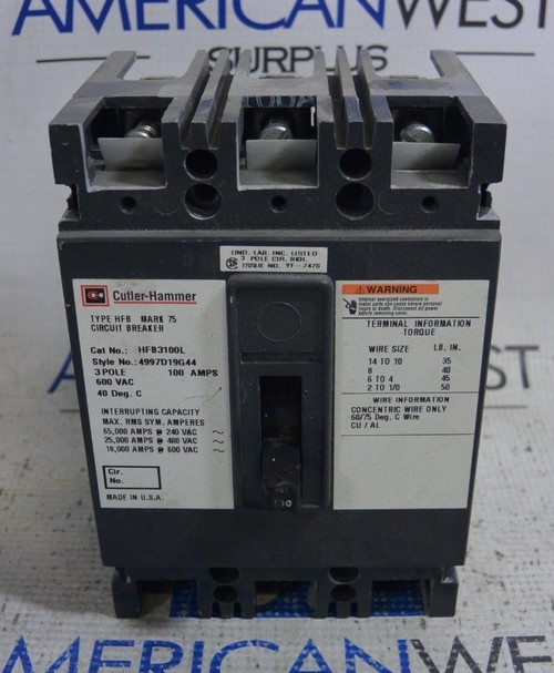 Used Cutler Hammer HFB3100L 3 Pole 100A 600VAC Circuit Breaker - Product Image