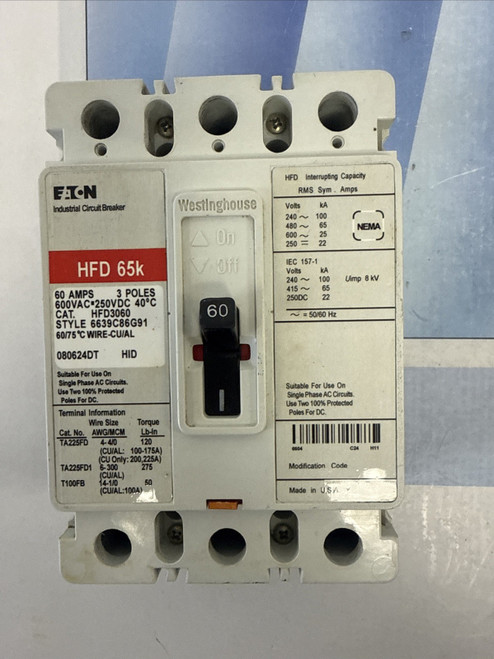 Refurbished CUTLER HAMMER HFD3060 60 AMP 600 VOLT 3 POLE BREAKER WARRANTY ⚡️⚡️ - Product Image