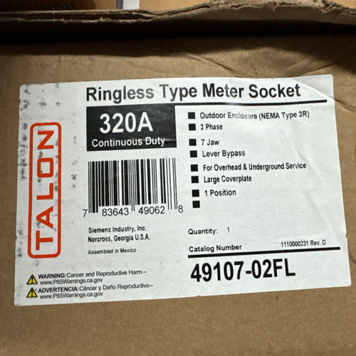 New NEW TALON Ringlesss METER SOCKET 49107-02FL 3PH 7 JAWS NEMA 3R OUTDOOR 49107-02fl - Product Image