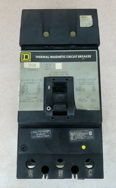 Used Square D KA36150 3-Pole 150A 600V 3-Phase Circuit Breaker - Product Image