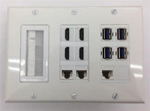 Custom  White Triple Gang Wall Plate - Mesh Fill + 4-Hdmi + 4-Usb 3.0  + 3-Cat5E