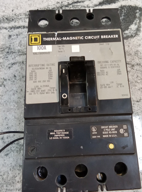 Used SQUARE DBREAKERKAL261001021 100A2P600VACTYPE KALWSHUNT TRIP USE38E1 - Product Image