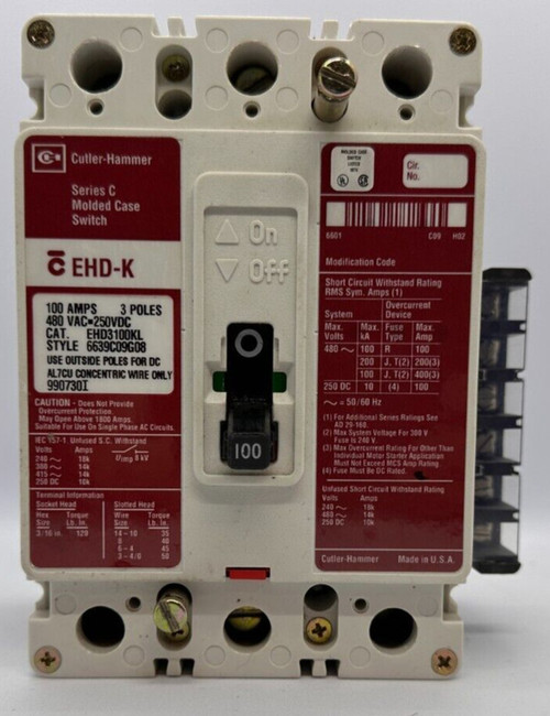 Used EHD3100KL Eaton Cutler-Hammer 100 Amp 3 Pole 480 Volt Circuit Breaker 58 - Product Image