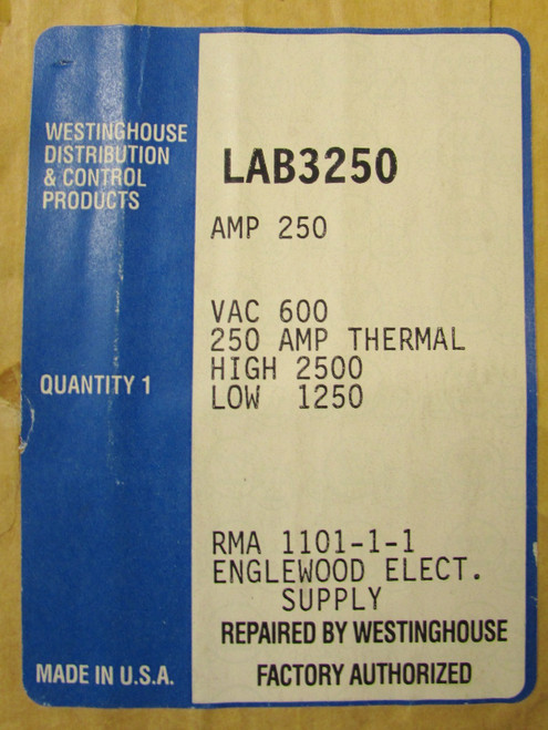 Refurbished WESTINGHOUSE LAB3250 LAB Circuit Breaker 3 Pole 250 Amp Line Load Terminals Lugs - Product Image